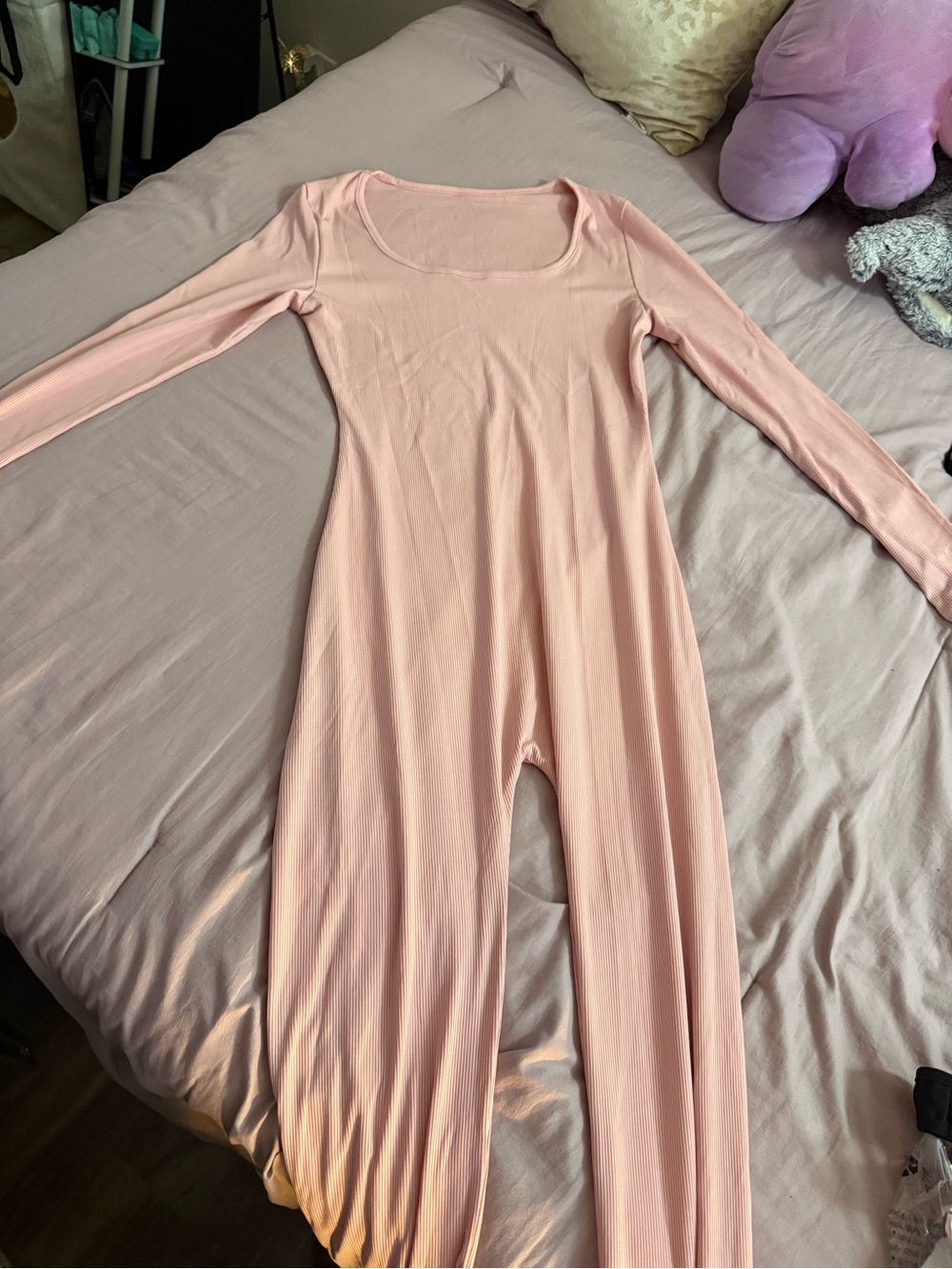 Long-Sleeve Scoop-Neck Ribbed Jumpsuit Pajama - Light Pink